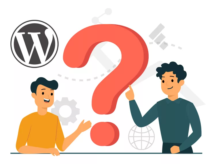 Two people are discussing in front of a large red question mark with a WordPress logo in the background. One person is gesturing while the other points at the question mark.