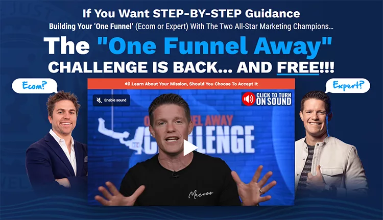 Promotional banner for the "One Funnel Away" challenge featuring three men, including a central image of an instructor and text about step-by-step guidance for building funnels, available for free.