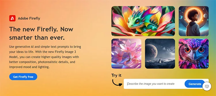 An Adobe Firefly advertisement showcasing AI-generated images, including a dragon, landscape, bird, and flowers, with a "Get Firefly free" button and a prompt to describe the desired image.