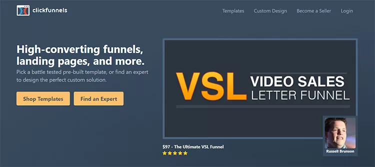 ClickFunnels webpage showing options for high-converting funnels, landing pages, and more. Feature section for "VSL Video Sales Letter Funnel" priced at $97 with an image of a person at the bottom right corner.