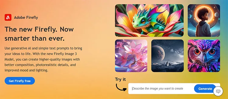 A promotional image for Adobe Firefly, showcasing its AI-generated images, including a colorful dragon, a child, flowers, a nature scene, and an owl, with text highlighting new features and a "Generate" button.