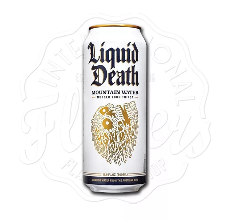 A 16.9 fl oz can of Liquid Death Mountain Water with a white and gold design and the slogan "Murder Your Thirst.