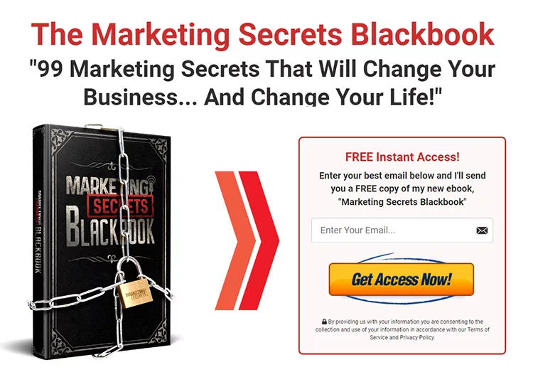 Image of a book titled "Marketing Secrets Blackbook" with a chain around it, suggesting confidentiality, alongside a sign-up form offering a free instant download in exchange for an email address.