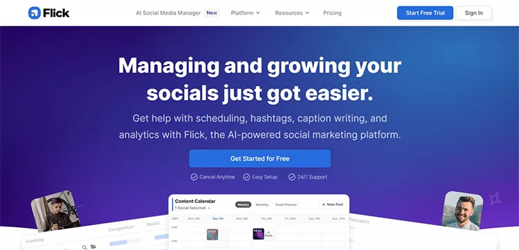 A web page from Flick promoting their AI-powered social marketing platform, highlighting features for scheduling, hashtags, caption writing, and analytics.