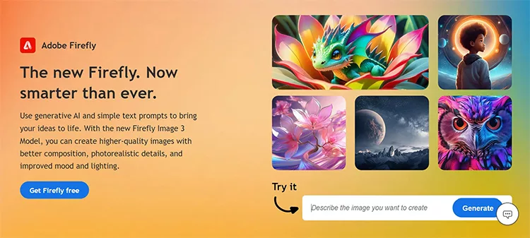 A promotional image for Adobe Firefly showing its AI capabilities with visual examples. Text encourages use of generative AI and simple prompts to create high-quality images. "Get Firefly free" button and "Generate" button included.