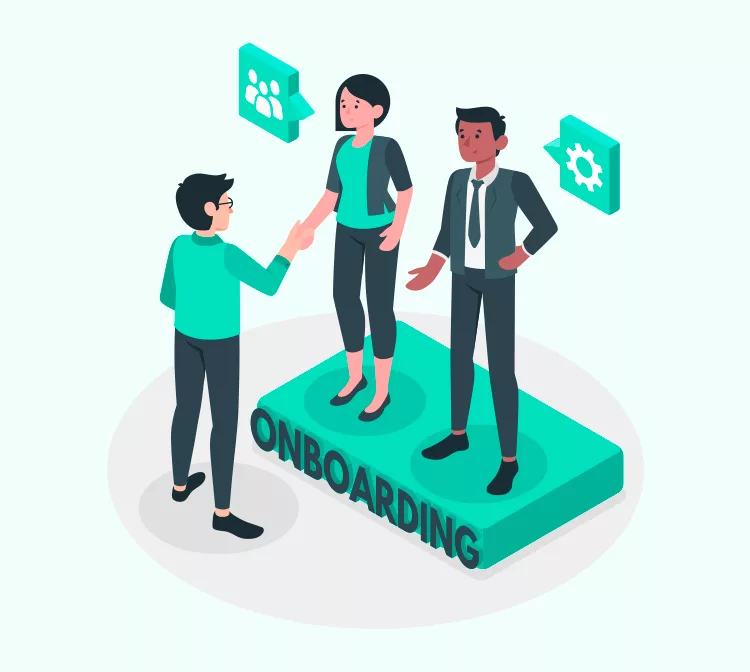 Illustration of three people engaging in an onboarding process. One person, holding a clipboard, shakes hands with another on a platform labeled "ONBOARDING," while a third person stands nearby.