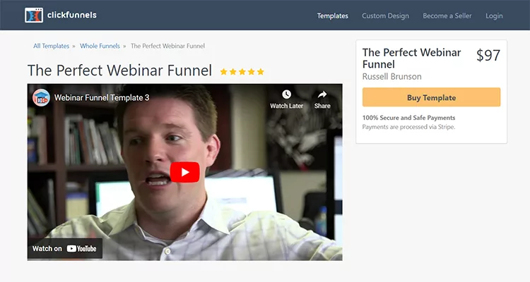 Screenshot of a ClickFunnels template titled "The Perfect Webinar Funnel," priced at $97. The image shows an embedded video preview with a man speaking, alongside options to buy the template.