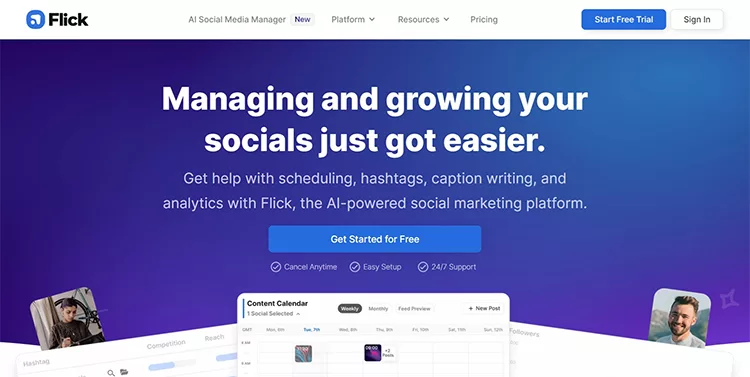 Screenshot of Flick's website highlighting their AI-powered social media management features, including scheduling, hashtags, caption writing, and analytics with a "Get Started for Free" button.