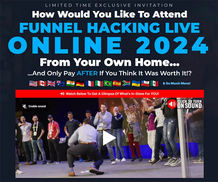 Promotional banner for Funnel Hacking Live Online 2024, offering virtual attendance with a pay-after-satisfaction policy. Includes a video thumbnail featuring people on a stage with an audience.