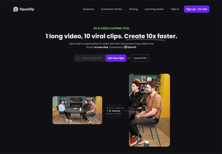 A screenshot of OpusClip's webpage highlighting its video clipping tool. The page has menus, a tagline about creating viral clips from long videos, and images of people using the product.