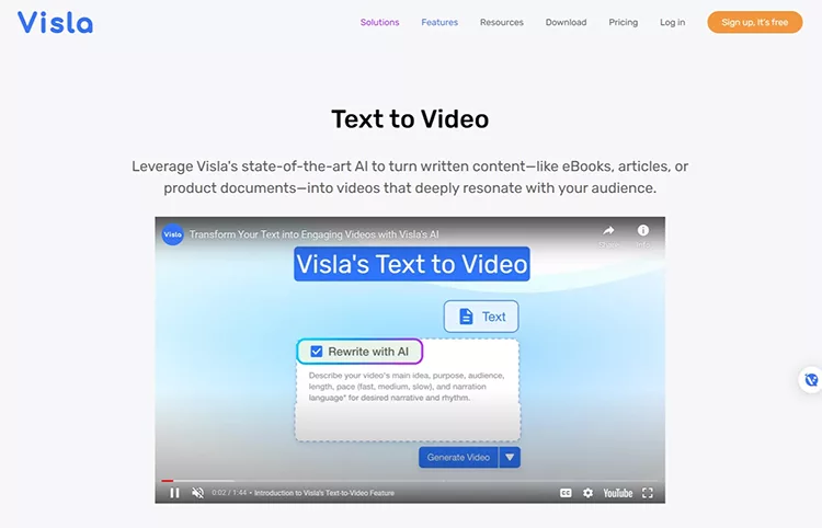 A screenshot of Visla's Text to Video tool on a website. The tool uses AI to transform written content into videos, suitable for eBooks, articles, and product documents.