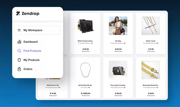 A dashboard on Zendrop's platform shows a sidebar with navigation options and a main area displaying various products, including handbags and accessories, with their prices and product information.