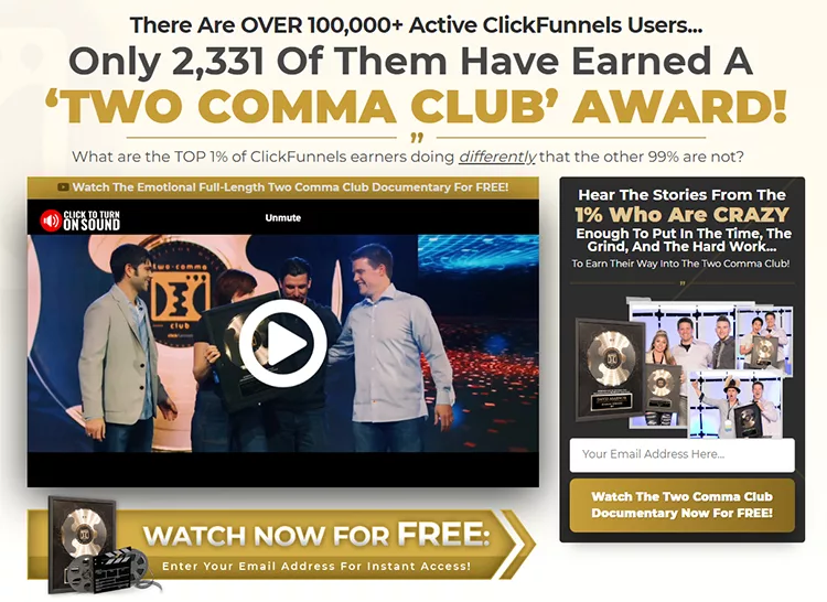 A promotional image titled "Two Comma Club Award." It includes a video thumbnail with people on stage, and information about the award given to successful ClickFunnels users. There's an email signup prompt at the bottom.