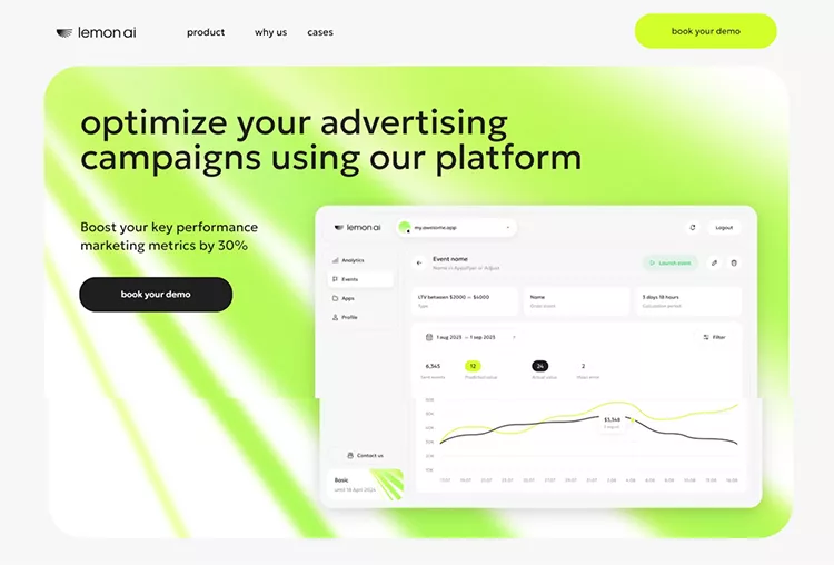 A digital interface with charts and metrics displayed on a screen promoting a platform called lemon.ai that optimizes advertising campaigns. The text highlights a 30% boost in key performance marketing metrics.