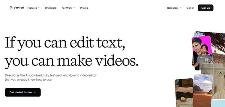 A webpage with a header displaying "If you can edit text, you can make videos," and navigation links for features, pricing, and resources. There's a sign-in and sign-up option at the top right.