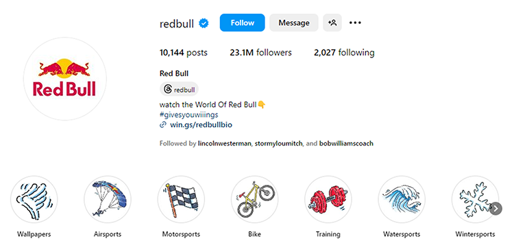 Screenshot of Red Bull's Instagram page. It has 23.1M followers, follows 2,027 accounts, and has 10,144 posts. The bio includes a link and text related to "World of Red Bull.