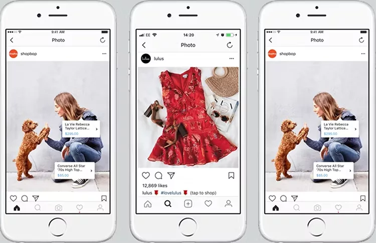 Three smartphones display Instagram posts. The first and third show a woman playing with a small brown dog. The middle shows a red floral dress.