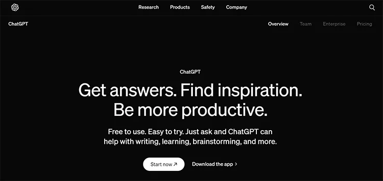 ChatGPT homepage displaying a black background with white text promoting productivity and inspiration through ChatGPT, alongside options to start now or download the app. Navigation links are at the top.