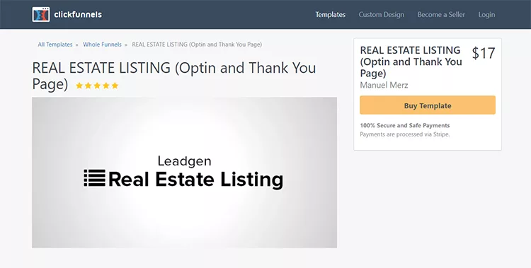 Screenshot of a ClickFunnels webpage displaying a "Real Estate Listing (Optin and Thank You Page)" template for $17. The template has a 5-star rating and includes 100% secure and safe payments.