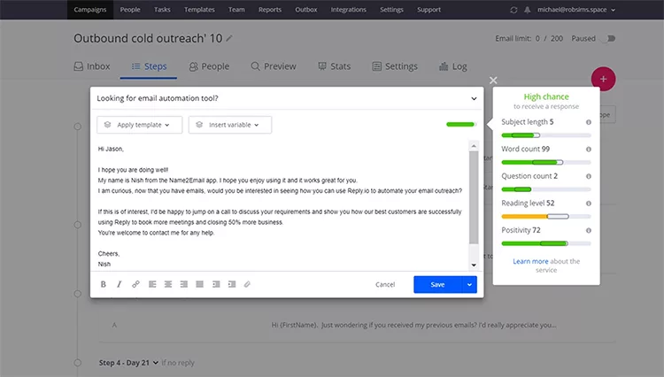 A computer screen displaying an email draft for an outbound cold outreach campaign with suggestions on the right-hand side assessing email components like subject length and positivity.