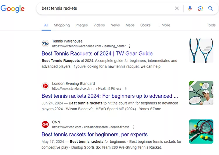 Google search results page displaying links and descriptions for "best tennis rackets." Three results are visible from Tennis Warehouse, London Evening Standard, and CNN.