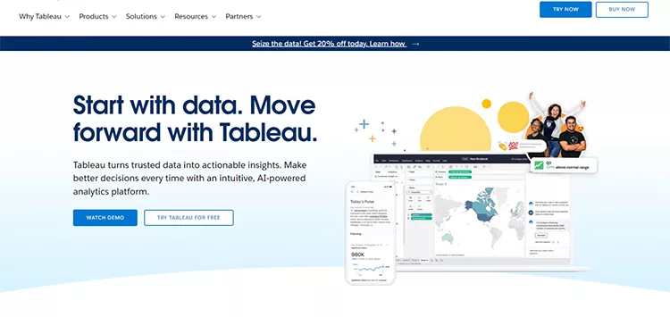 A screenshot of the Tableau website homepage. It includes a navigation menu, slogan "Start with data. Move forward with Tableau," a product screenshot, and buttons prompting to watch a demo or try Tableau.