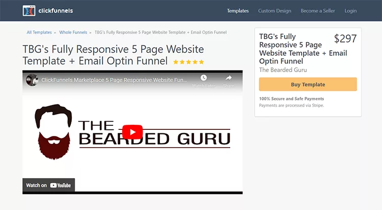 Screenshot of a ClickFunnels marketplace page displaying "TBG's Fully Responsive 5 Page Website Template + Email Optin Funnel" for $297. The product is titled "The Bearded Guru.