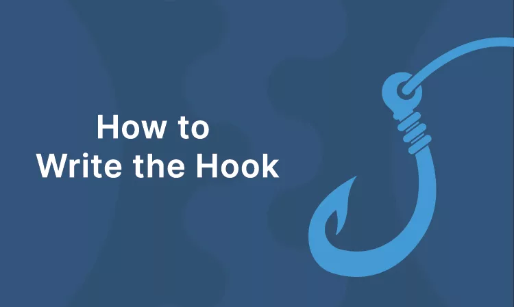 How to Write the Hook" text next to a blue fish hook graphic on a dark blue background.