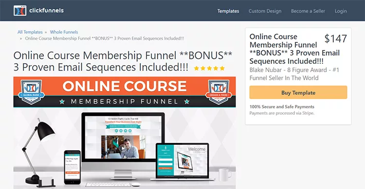 Screenshot of a ClickFunnels page for an "Online Course Membership Funnel" priced at $147. It includes 3 proven email sequences and claims 100% secure and safe payments.