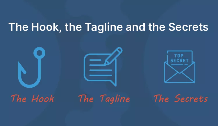 Graphic with three icons: a hook labeled "The Hook," a notepad with a pencil labeled "The Tagline," and an envelope labeled "The Secrets," accompanied by the text "The Hook, the Tagline and the Secrets.