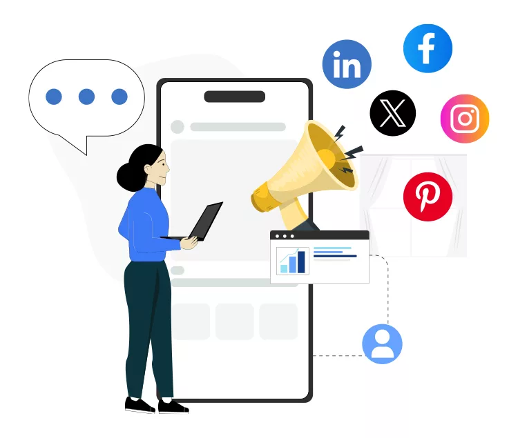 A person standing with a laptop next to a smartphone illustration, surrounded by social media icons and a megaphone.