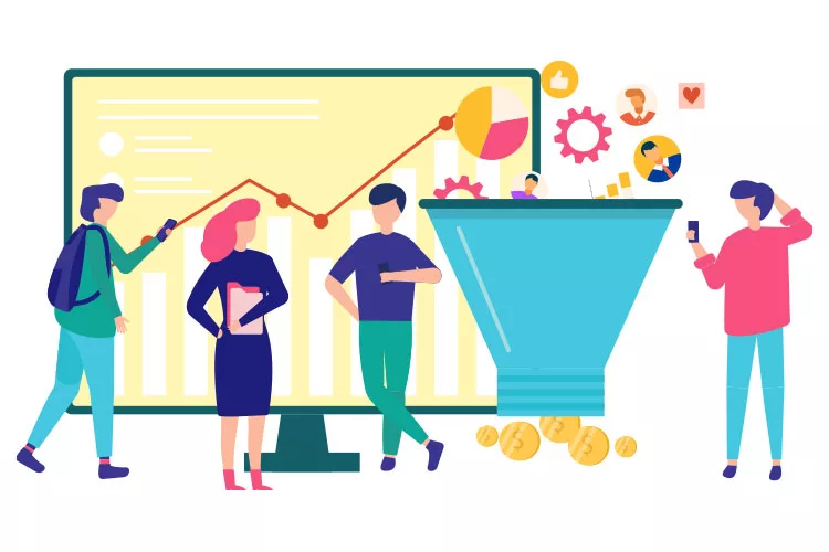 Illustration of people analyzing data on a large screen with a growing graph and converting it into money through a funnel.