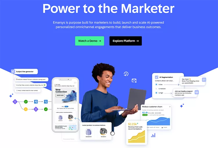 A person holding a laptop is surrounded by various marketing and AI tools. The text reads "Power to the Marketer" with buttons for "Watch a Demo" and "Explore Platform.