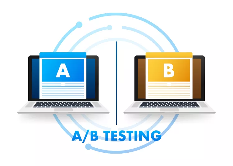 Illustration showing A/B testing with two laptops side by side, each displaying a webpage labeled "A" and "B." The image emphasizes the comparison between two versions of a webpage.