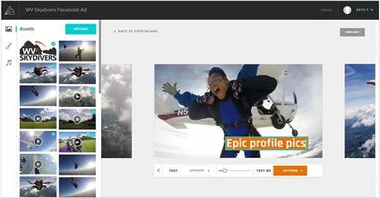 A webpage displays a skydiving photo with various editing options. A person is shown mid-jump from an airplane with text "Epic profile pics." The sidebar shows thumbnail images.