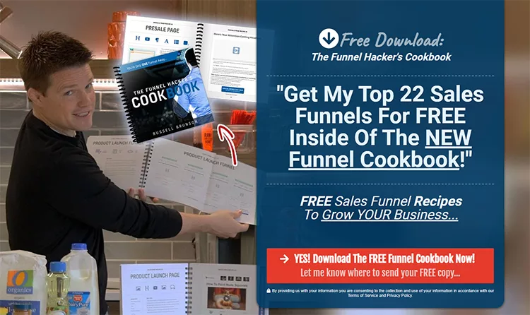A man organizes a display with two books titled "The Funnel Hacker's Cookbook," offering a free download of sales funnel recipes. The image includes promotional text and a call to action.