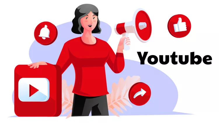 Illustration of a person holding a YouTube logo and a megaphone, surrounded by icons for notifications, sharing, and liking. The word "YouTube" is displayed prominently.