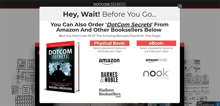 Pop-up advertisement for the book "DotCom Secrets" by Russell Brunson, offering purchase options from Amazon, Kindle, Barnes & Noble, Hudson Booksellers, and Nook. Options for physical book and eBook.