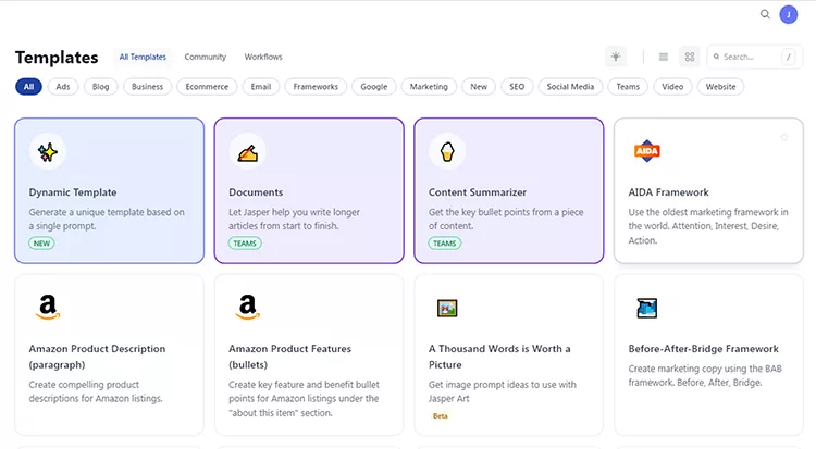 Screenshot of a template selection page with various options for content creation, including Dynamic Template, Documents, Content Summarizer, AIDA Framework, and Amazon Product Description.