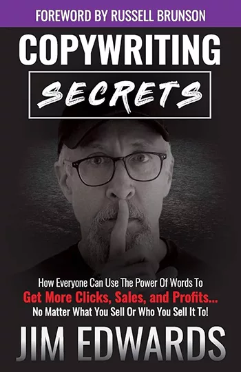 Cover of the book "Copywriting Secrets" by Jim Edwards, featuring a man with glasses and a black hat holding a finger to his lips in a shushing gesture.