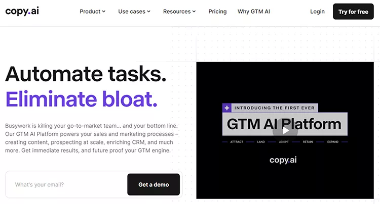 Screenshot of the copy.ai website, showcasing a headline "Automate tasks. Eliminate bloat." and promoting their GTM AI Platform with a call-to-action "Get a demo" button.