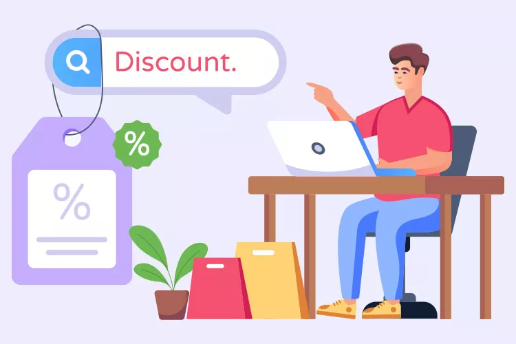 A person sits at a desk with a laptop, surrounded by shopping bags and a plant. A large discount tag and a speech bubble with the word "Discount" are shown.