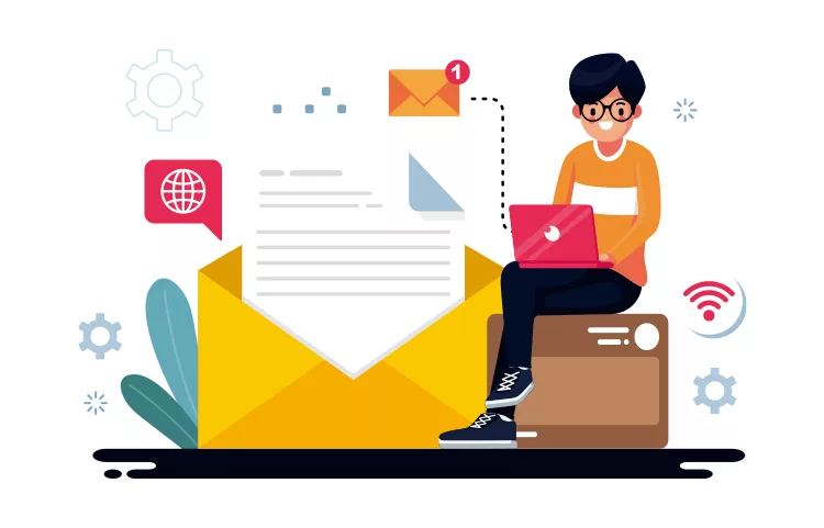 Illustration of a person sitting on a box using a laptop, with email icons, gears, and a globe symbol around, representing communication and technology concepts.