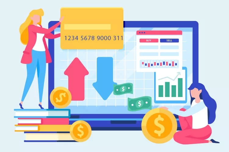 Illustration of two women analyzing graphs and charts on a screen with financial symbols like a credit card, coins, currency notes, and upward and downward arrows.