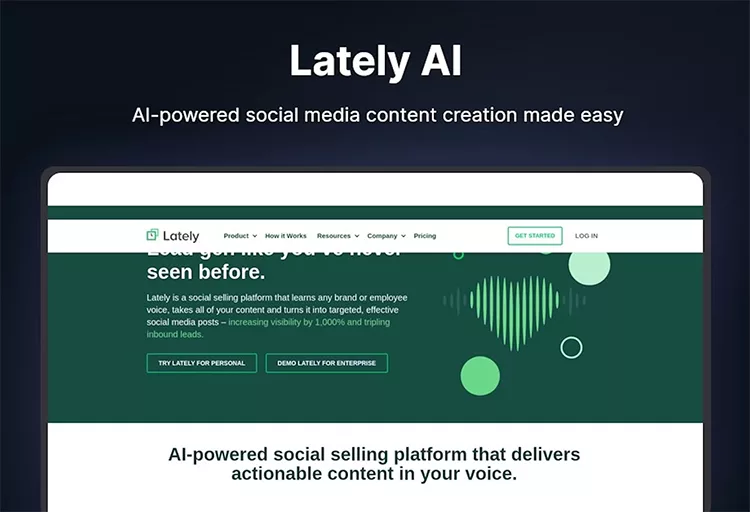 Screenshot of the Lately AI website showcasing their AI-powered social media content creation platform with the tagline "AI-powered social media content creation made easy.