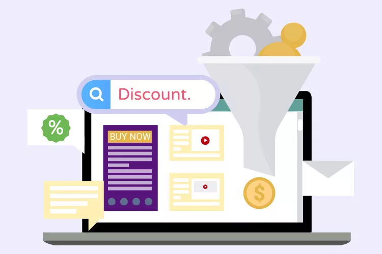 Illustration of a laptop showing digital marketing elements, including a discount search bar, a "buy now" button, percentage and dollar symbols, a funnel, and text and video content blocks.