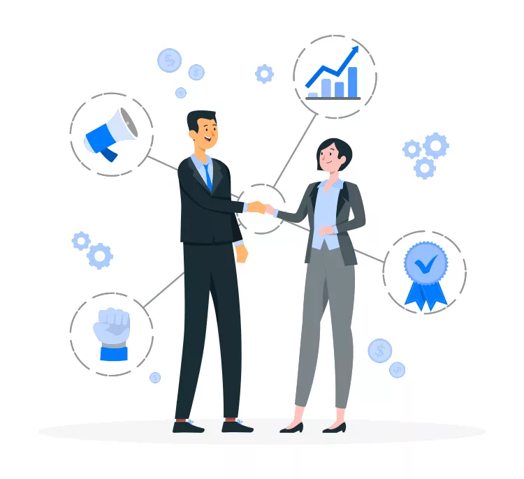 Two business professionals shaking hands, surrounded by icons depicting growth, communication, and achievement, signifying a successful collaboration or agreement.