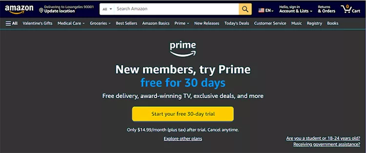 Amazon Prime advertisement offering a 30-day free trial for new members, highlighting benefits like free delivery and award-winning TV. Options to start the trial or explore other plans are provided.