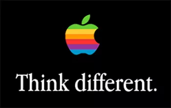 Apple logo with rainbow stripes above the phrase "Think different." on a black background.