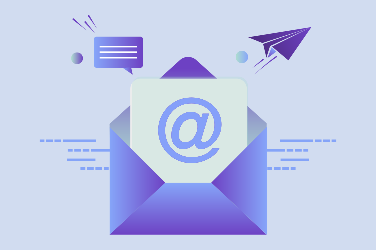 Illustration of an open envelope displaying an email symbol, with a chat bubble and paper airplane nearby, representing digital communication.